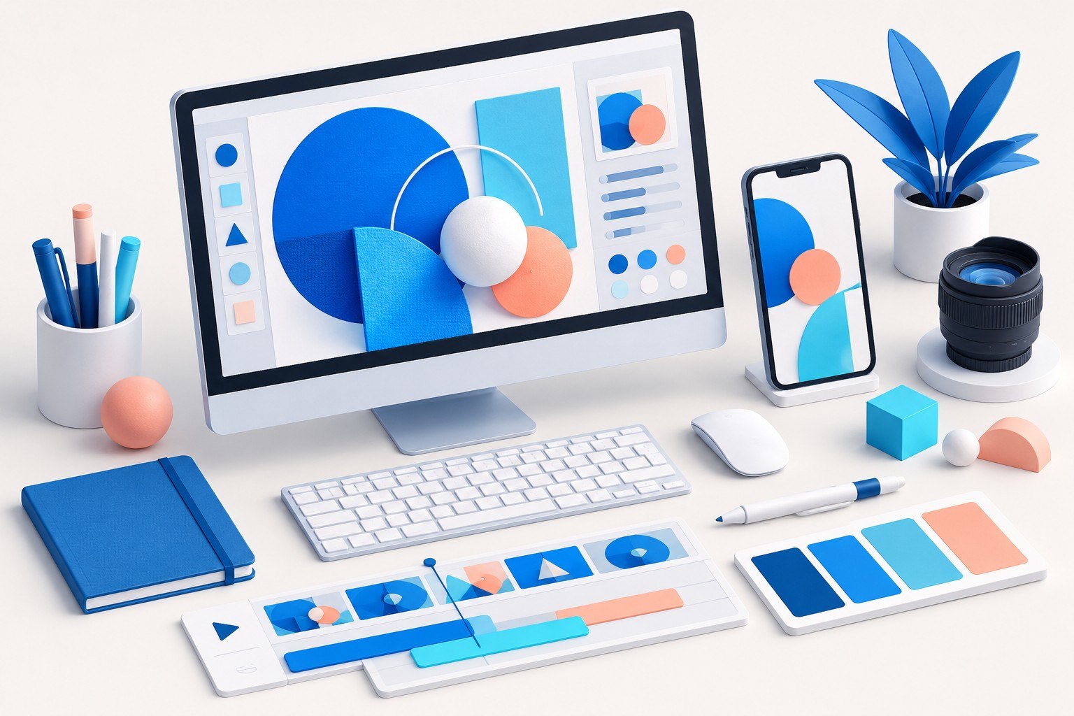 Ilustrasi meja kreatif dengan layar desain, kamera, dan perangkat digital.