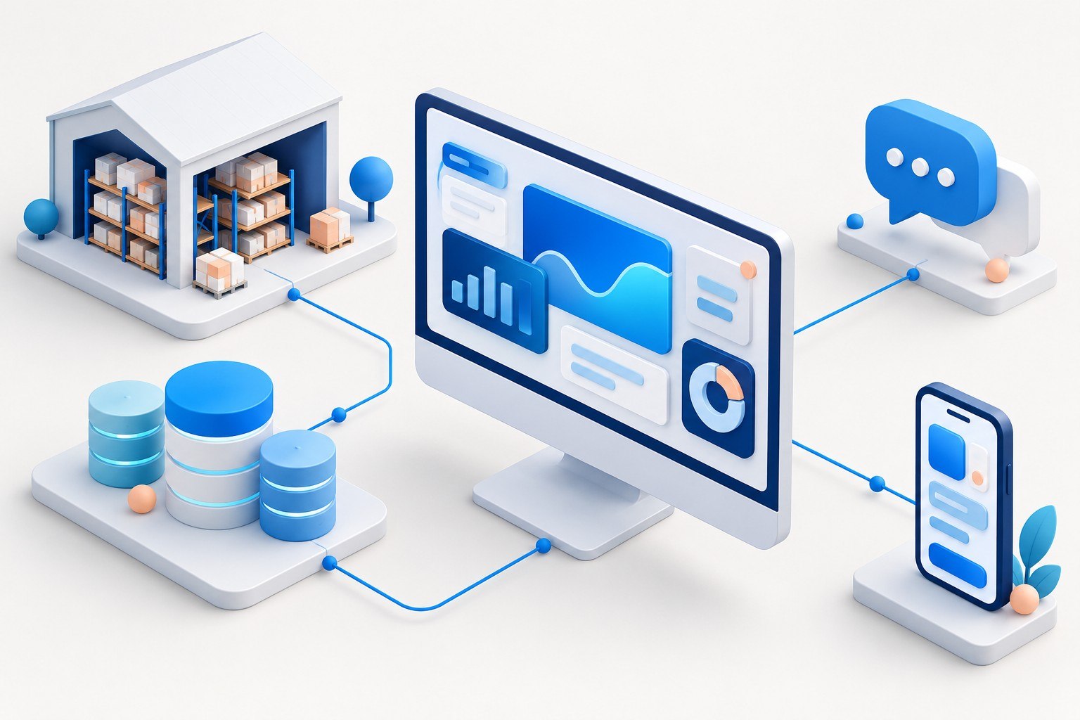 Ilustrasi alur proyek software dengan panel antarmuka dan komponen data.